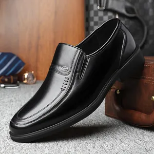 Premium black genuine leather business formal dress shoes for men with slip-on design