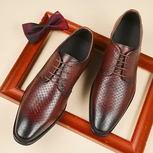 Men Genuine Cowhide Leather Embossed Derby Shoes British Style Formal Business Dress Shoes Breathable Handmade Men Shoes