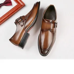 Men Business Formal Monk Strap Shoes British Patina Pointed Toe Microfiber Leather Dress Shoes For Office Party Banquet