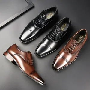 Classic men's genuine leather brogue dress shoes in black and brown for business