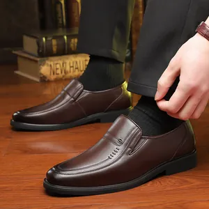 Classic dark brown genuine leather loafers for men formal business dress shoes slip-on style
