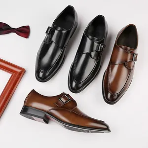 Elegant men's monk strap leather shoes in black and brown for business formal wear.