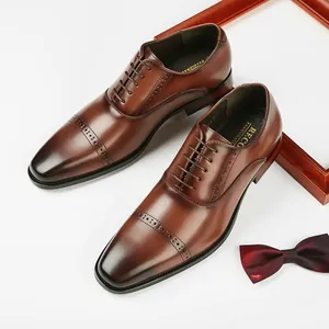 Classic stylish brown leather brogue Oxford dress shoes for men with cap toe design