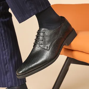 Premium black embossed leather derby shoes for men's formal business dress attire