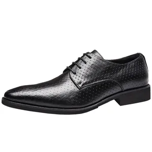 Elegant black embossed top grain leather Derby shoes for men, formal business lace-up style