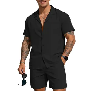 Men's minimalist solid black short sleeve button-down shirt and shorts casual summer outfit set