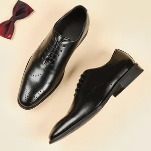Zapatos Oxford clásicos de cuero genuino negro estilo brogue para hombres boda y negocios