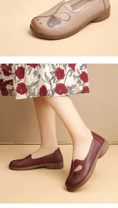 Comfortable soft leather flat shoes for women with elegant butterfly embroidery details