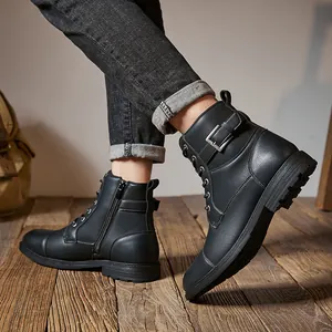 Klassieke zwarte lederen Martin-laarzen voor heren met handige rits aan de zijkant