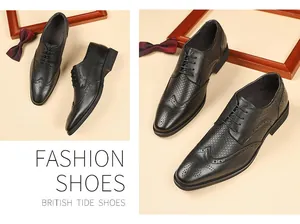 Detailed view of men's black leather brogue shoes featuring elegant carved wingtip patterns