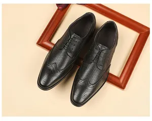 Close-up of black leather brogue shoes with intricate wingtip perforation details