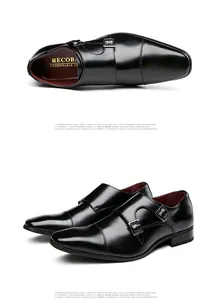 Premium men's black leather double monk strap shoes for formal business attire.