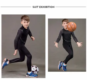 Detail view of kids' black sports compression suit set for basketball and soccer training.