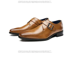 Classic brown genuine leather monk strap dress shoes with metallic side buckle detail for men