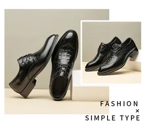 Detailed view of men's black leather brogue shoes with embossed crocodile pattern