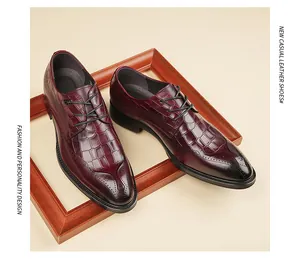 Detailed view of men's burgundy leather brogue derby shoes with crocodile pattern