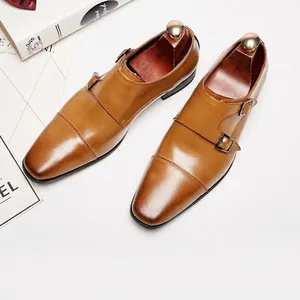 Men Genuine Leather Double Monk Strap Business Dress Shoes Classic Cap-toe Formal Shoes For Office Wedding Banquet Party