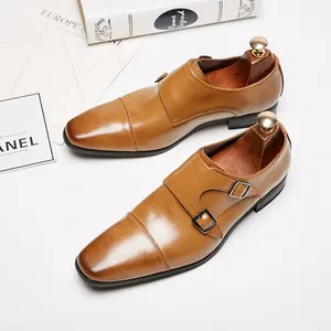 Premium tan genuine leather double monk strap cap-toe dress shoes for men's business wear