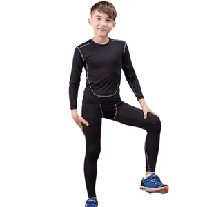 Boys black compression athletic base layer set for running and football training