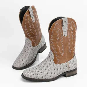 Bottes de cowboy western pour hommes à bout carré, imprimé autruche et broderies fines