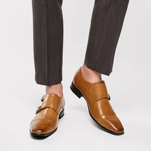 Premium men's brown leather double monk strap business shoes for office and weddings