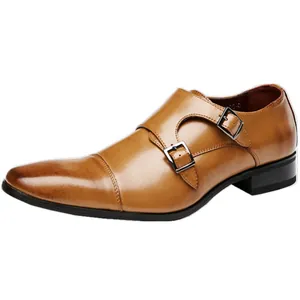 Classic brown genuine leather double monk strap men's formal business cap-toe dress shoes