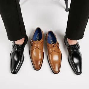 Men's pointed toe leather monk strap shoes for formal business or wedding attire