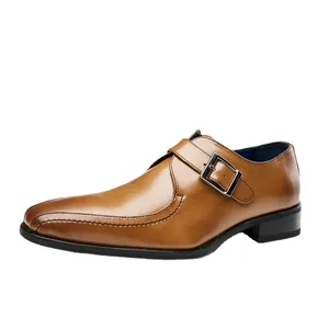 Classic brown leather monk strap shoes for men, formal business pointed toe dress shoes