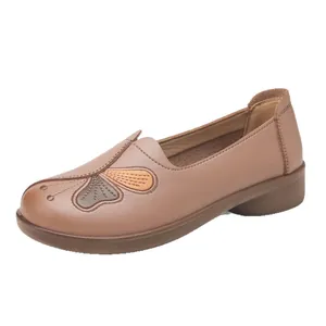 Comfort brown soft leather flats for elderly women with butterfly embroidery detail