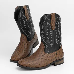 Bottes de cow-boy pour hommes à bout carré avec broderie blanche et texture autruche
