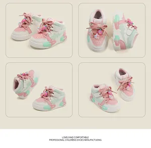Multi-angle detailed view of pink and mint green high-top kids sneakers with cute charms.