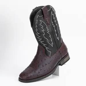 Détail de bottes de cowboy western avec broderie blanche et texture peau d'autruche