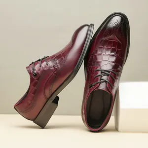 Elegant burgundy men's genuine leather brogue derby shoes with crocodile embossed pattern