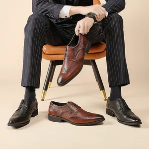 Elegant handmade cowhide leather Brogue carved Derby shoes for men's formal business wear.