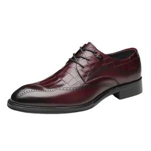 Classic men's burgundy leather brogue shoes with crocodile pattern for business formal wear