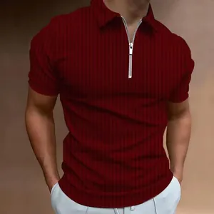 Close-up of men's dark red vertical striped polo shirt with functional half-zipper closure