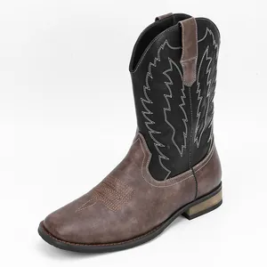 Bottes de cow-boy à bout carré pour hommes avec broderie de feuilles blanches raffinée.