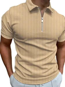 Men's slim fit khaki vertical striped polo shirt with half-zip collar design.