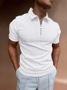 Men Slim Fit Cotton Polo Shirt Short Sleeve Half Zipper Vertical Stripe Casual Business Sporty Top For Summer