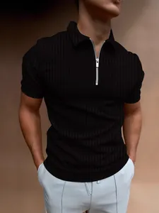 Slim fit men's black polo shirt with silver half-zip collar and ribbed texture detail