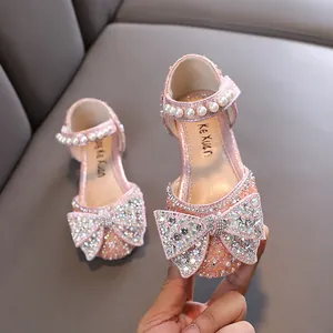 Zapatos de princesa rosas con purpurina para niñas con lazo de strass y perla
