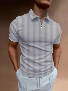 Men's slim fit short sleeve polo shirt with vertical stripes and half-zipper collar