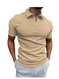 Slim fit men's polo shirt with stylish vertical stripes and a half-zip collar in tan color.