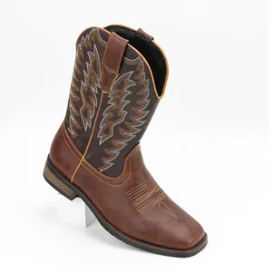Bottes de Cowboy Western pour Hommes Bout Carré Brodées en Cuir PU Mi-Mollet Bottes de Moto Vintage Rétro Chaussures d'Équitation