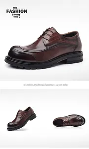Macro view of brown leather business shoes with chunky sole and crocodile texture finish