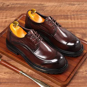Classic brown genuine leather men's dress shoes with thick soles for business