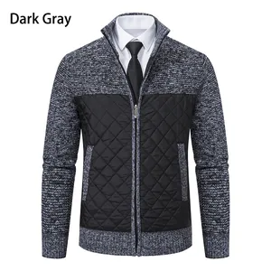 Detailed view of the quilted front panel and stand collar on a men's gray jacket.
