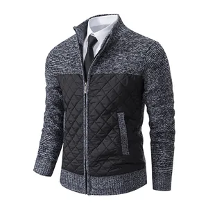 Men Fleece Lined Knitted Cardigan Jacket Slim Fit Stand Collar Quilted Patchwork Sweater Casual Warm Winter Outerwear Top