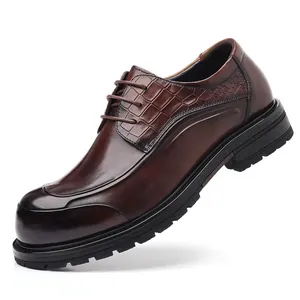 Classic brown genuine leather men's business dress shoes with crocodile texture detail