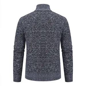 Back view of a thick men's grey knitted cardigan featuring a stand collar and ribbed hem